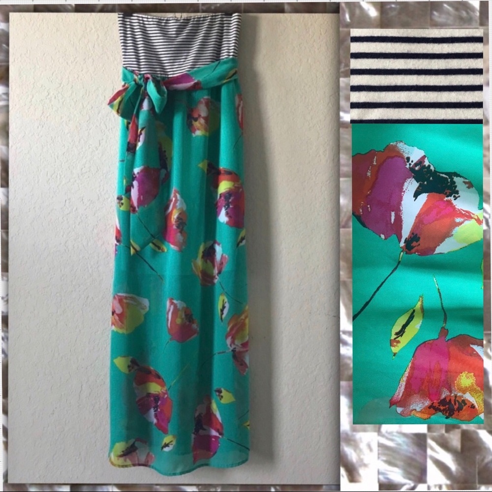 STRAPLESS MAXI DRESS Long Floral Turquoise